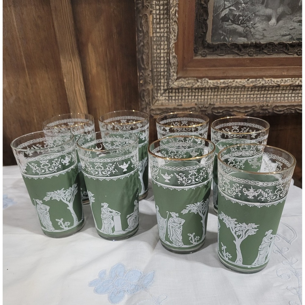 Vtg Wedgwood Jasperware Hellenic Jeanette Green Grecian Tumbler 12 Ou Set Of 8